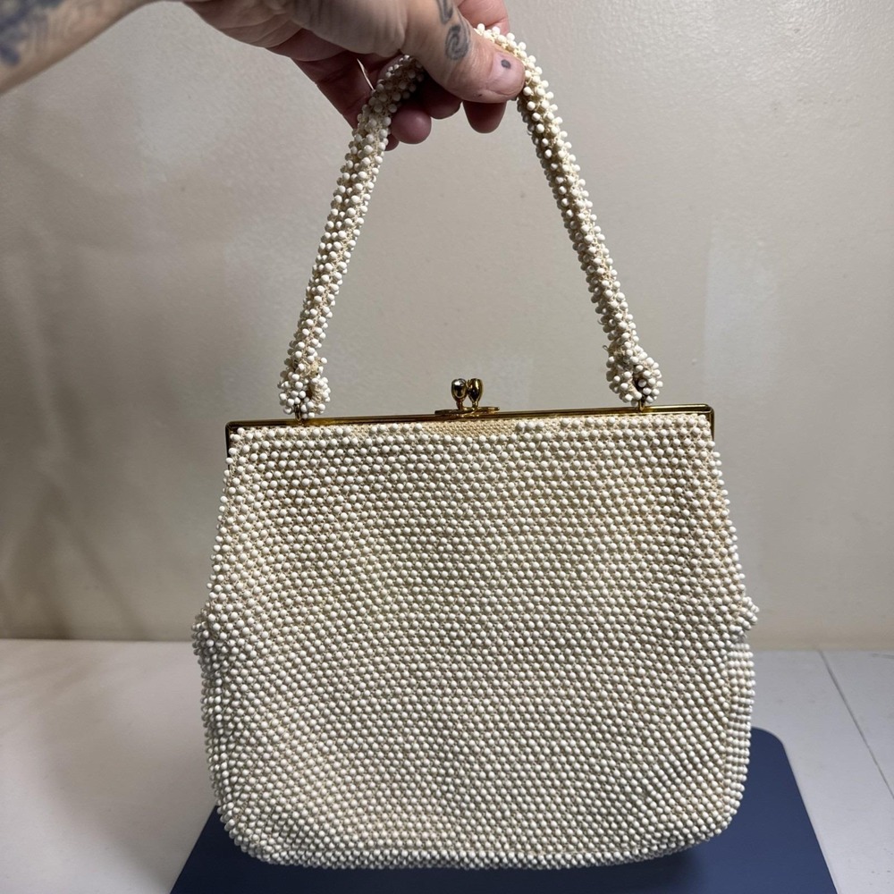 Vintage Corde Bead White Beaded Handbag Rhinestone Kiss Lock Mirror Coin Pouch